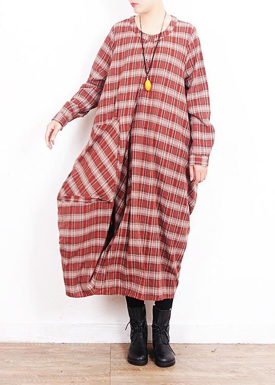 Modern O Neck Patchwork Cotton Quilting Dresses Work Red Plaid Art Dress