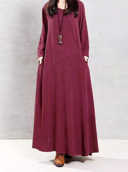 Modern O Neck Patchwork Linen Cotton Spring Robes Runway Burgundy Dress