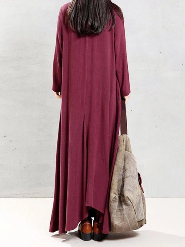 Modern O Neck Patchwork Linen Cotton Spring Robes Runway Burgundy Dress