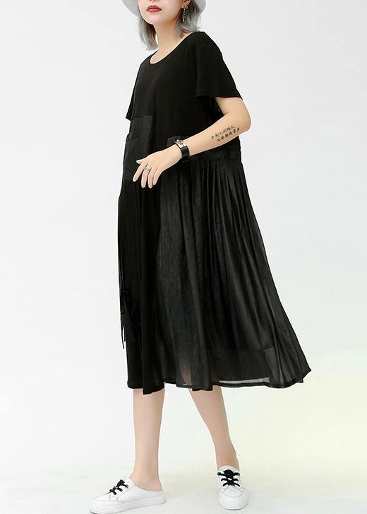 Modern O Neck Patchwork Pockets Cotton Dresses Black Dresses Summer