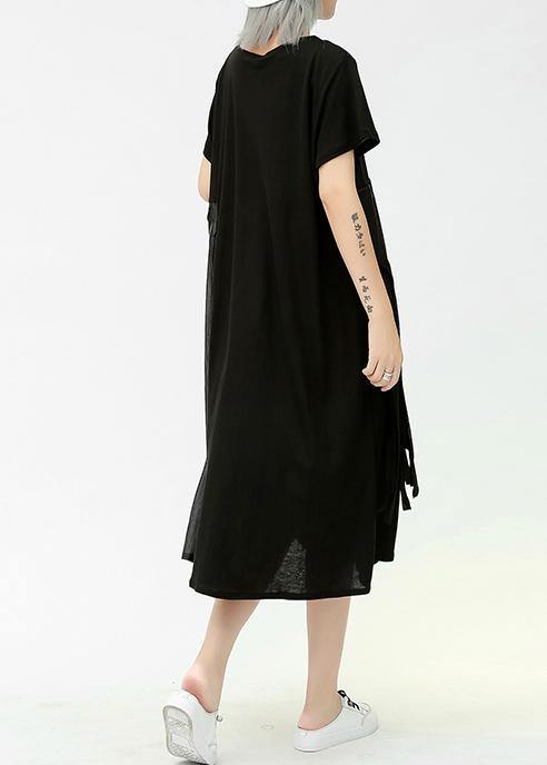Modern O Neck Patchwork Pockets Cotton Dresses Black Dresses Summer