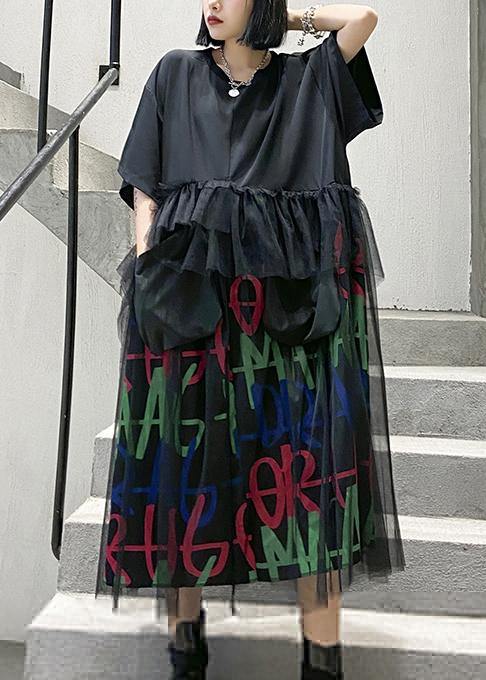 Modern O Neck Patchwork Tulle Cotton Summer Tunics Inspiration Black Maxi Dress