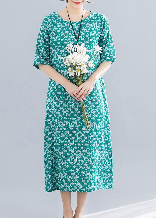 Modern O Neck Pockets Linen Cotton Clothes Runway Green Print Dress Summer