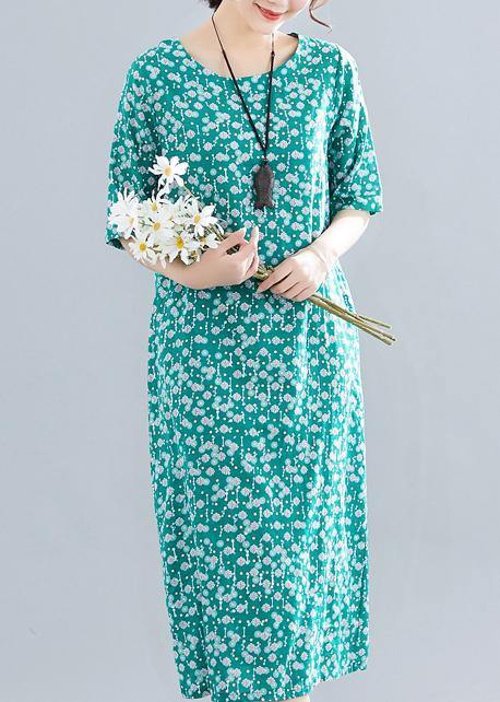 Modern O Neck Pockets Linen Cotton Clothes Runway Green Print Dress Summer