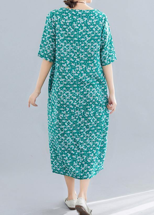Modern O Neck Pockets Linen Cotton Clothes Runway Green Print Dress Summer