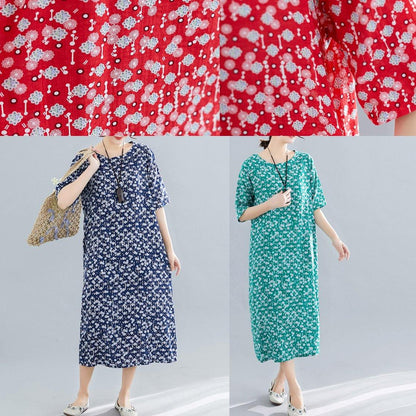 Modern O Neck Pockets Linen Cotton Clothes Runway Green Print Dress Summer