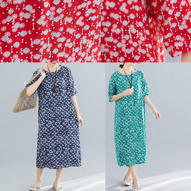 Modern O Neck Pockets Linen Cotton Clothes Runway Green Print Dress Summer