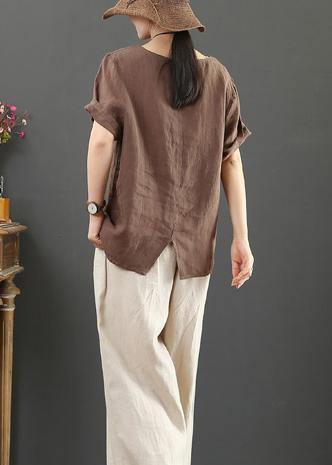 Modern O Neck Pockets Linen Summer Clothes Chocolate Blouse