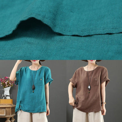 Modern O Neck Pockets Linen Summer Clothes Chocolate Blouse
