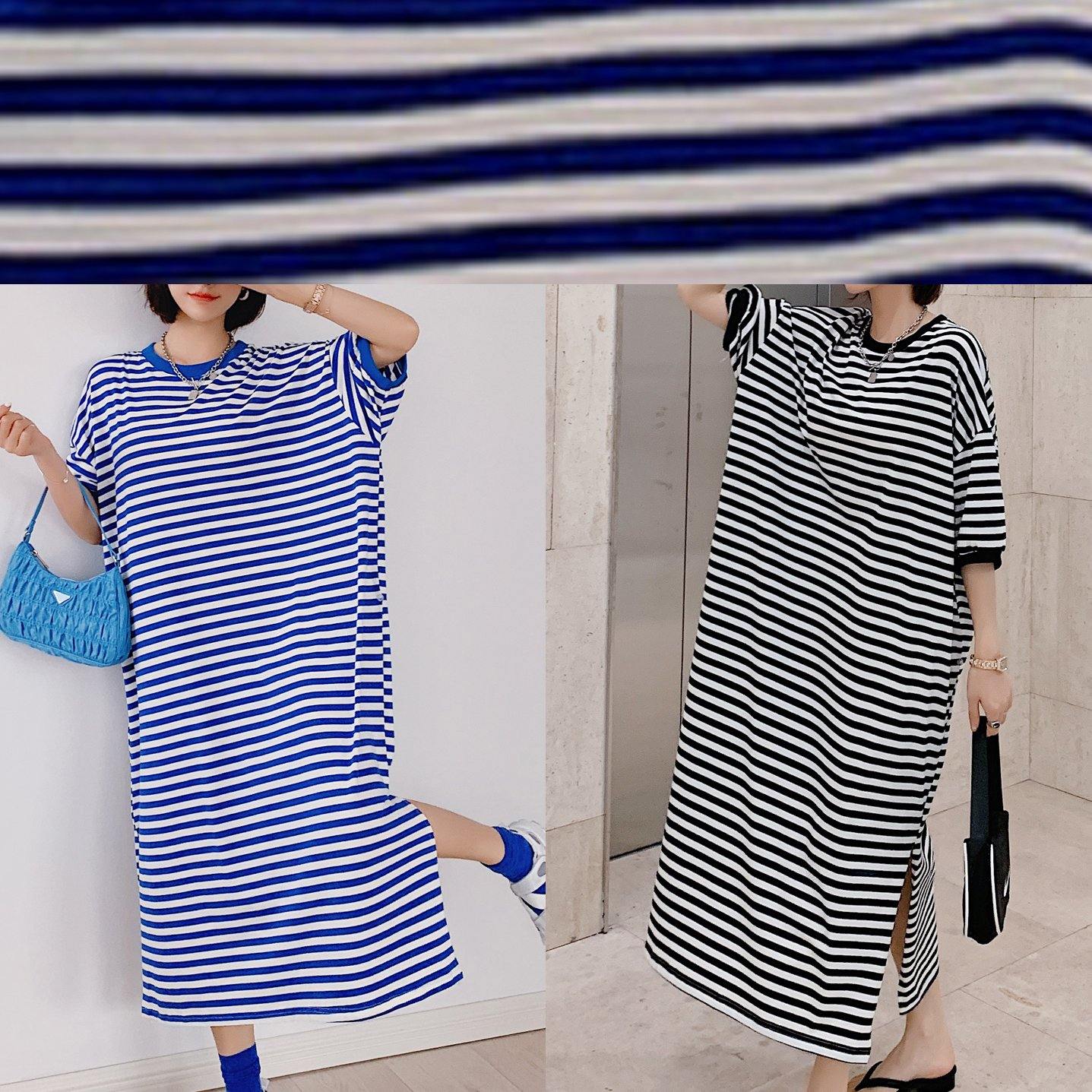 Modern O Neck Side Open Design Black Striped Loose Dresses