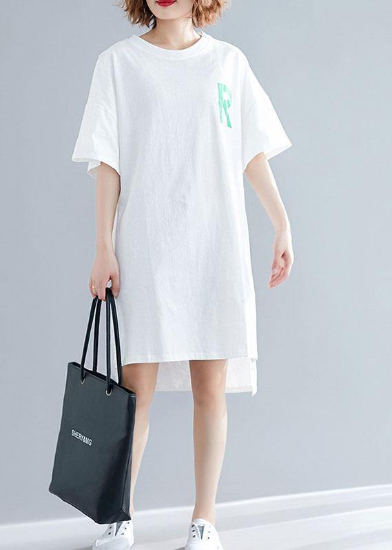 Modern O Neck Side Open Linen Runway White Print Dresses Summer