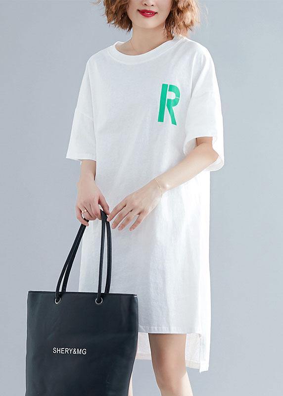 Modern O Neck Side Open Linen Runway White Print Dresses Summer