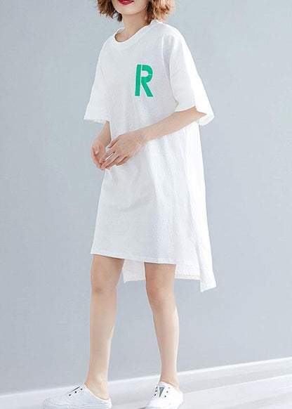 Modern O Neck Side Open Linen Runway White Print Dresses Summer