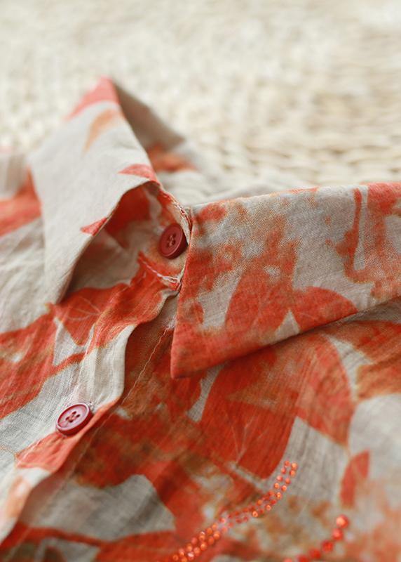 Modern Orange Leaf Print Shirts Lapel Diamond Silhouette Shirt