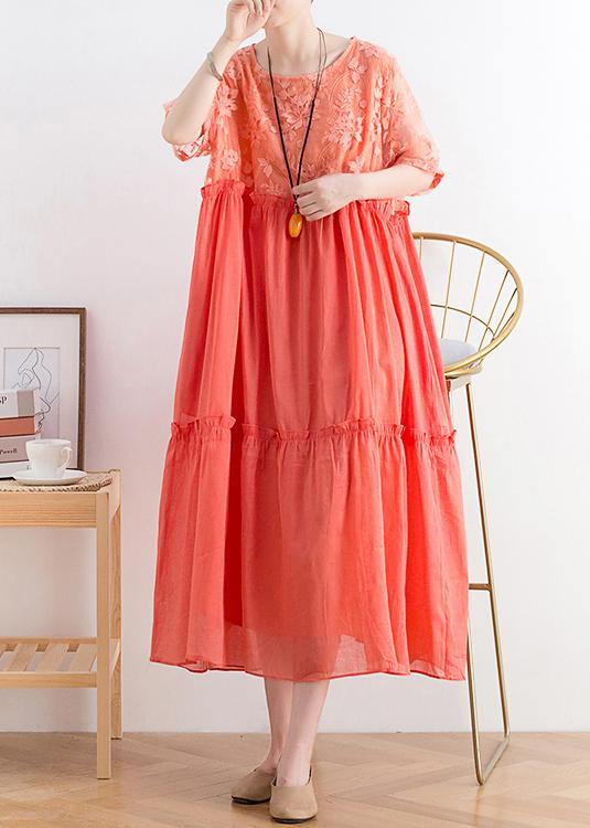 Modern Orange Cotton Tunic Organza Patchwork O Neck Long Summer Dresses
