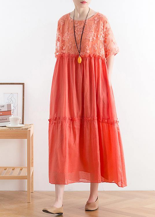 Modern Orange Cotton Tunic Organza Patchwork O Neck Long Summer Dresses