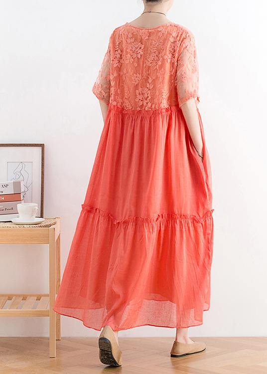 Modern Orange Cotton Tunic Organza Patchwork O Neck Long Summer Dresses