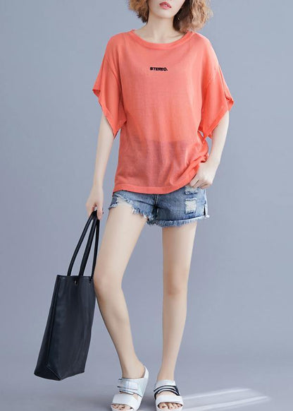 Modern Orange Cotton Clothes for Alphabet Embroidery Baggy Summer Blouse