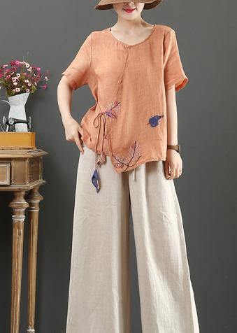 Modern Orange Print Linen Blouse O Neck Short Sleeve Loose Shirt