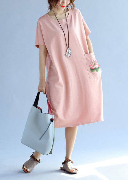 Modern Pink Cotton Quilting Clothes Ideas Pockets Loose Summer Dresses