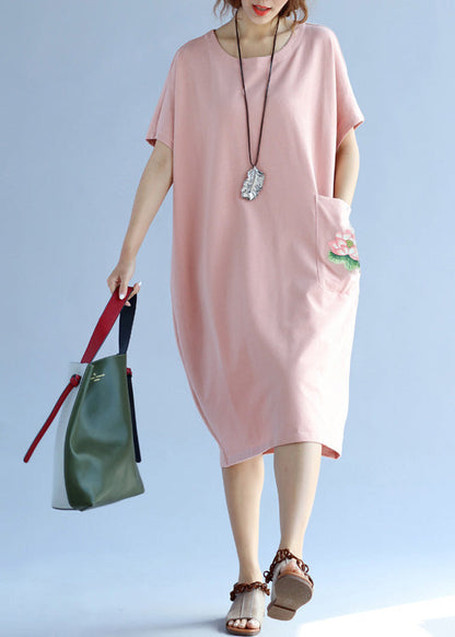 Modern Pink Cotton Quilting Clothes Ideas Pockets Loose Summer Dresses