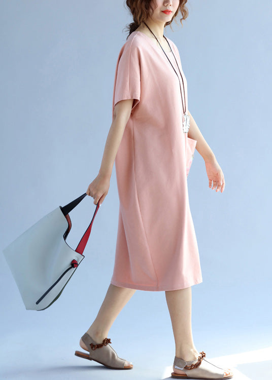 Modern Pink Cotton Quilting Clothes Ideas Pockets Loose Summer Dresses