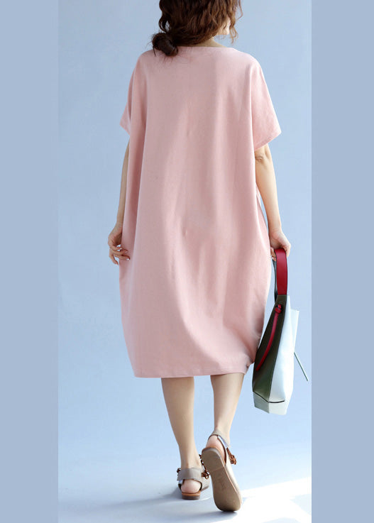 Modern Pink Cotton Quilting Clothes Ideas Pockets Loose Summer Dresses