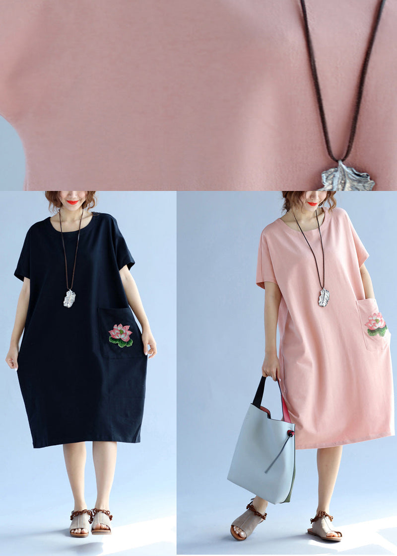 Modern Pink Cotton Quilting Clothes Ideas Pockets Loose Summer Dresses