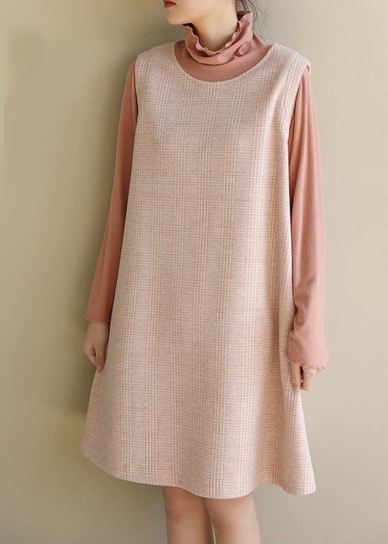 Modern Pink Cotton Dresses False Two Pieces Robe High Neck Dresses