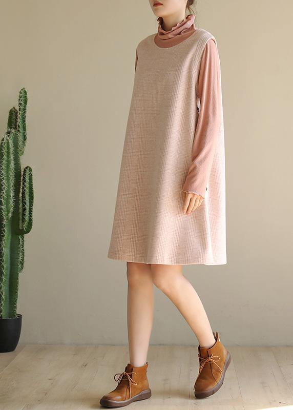 Modern Pink Cotton Dresses False Two Pieces Robe High Neck Dresses