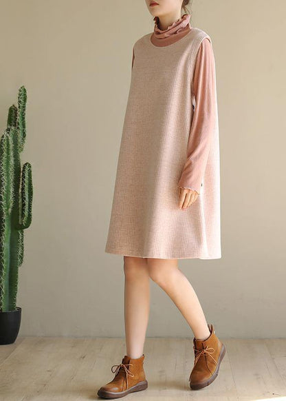 Modern Pink Cotton Dresses False Two Pieces Robe High Neck Dresses