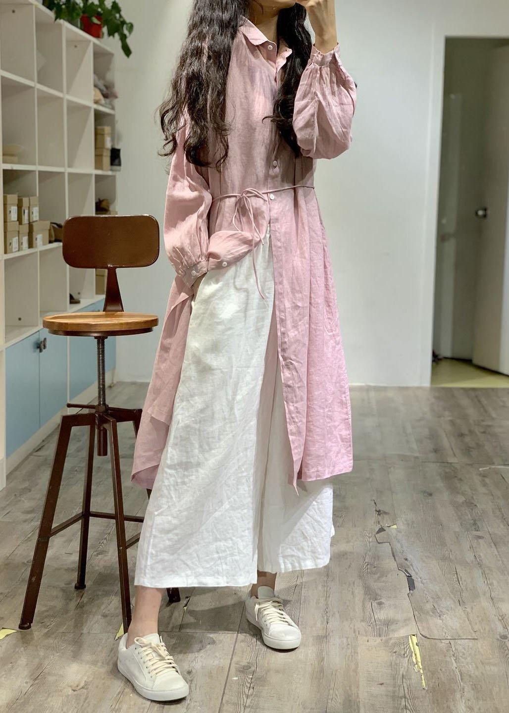 Modern Pink Lapel Collar Linen Dresses Long Sleeve Baggy Fall Dress