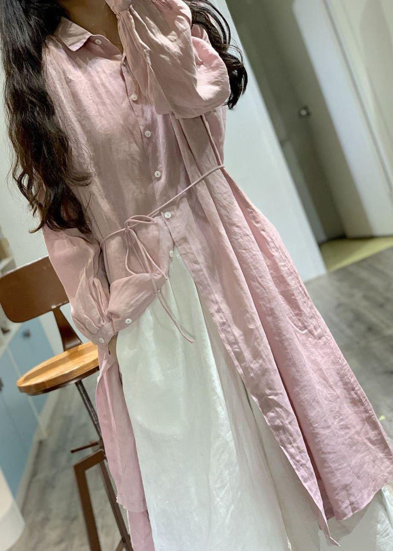 Modern Pink Lapel Collar Linen Dresses Long Sleeve Baggy Fall Dress