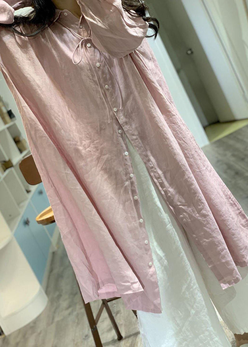 Modern Pink Lapel Collar Linen Dresses Long Sleeve Baggy Fall Dress