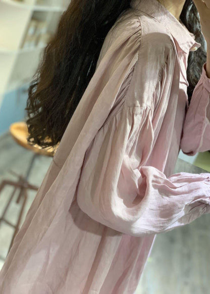 Modern Pink Lapel Collar Linen Dresses Long Sleeve Baggy Fall Dress