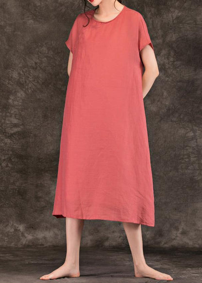 Modern Pink Linen Long Shirts O Neck Short Sleeve Summer Dresses