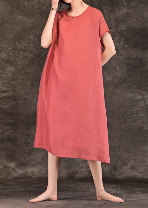 Modern Pink Linen Long Shirts O Neck Short Sleeve Summer Dresses