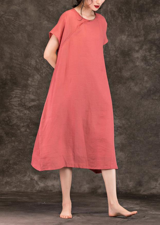 Modern Pink Linen Long Shirts O Neck Short Sleeve Summer Dresses