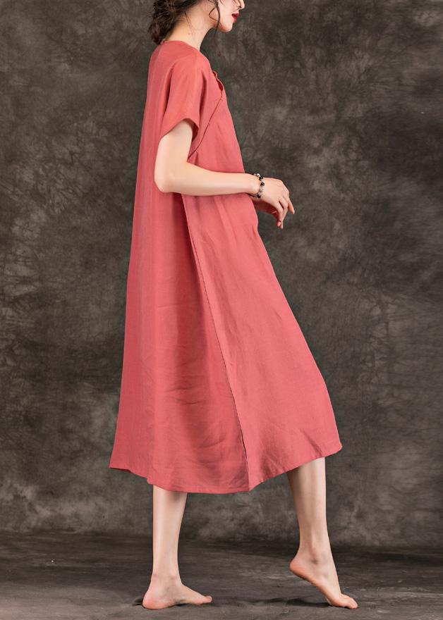 Modern Pink Linen Long Shirts O Neck Short Sleeve Summer Dresses