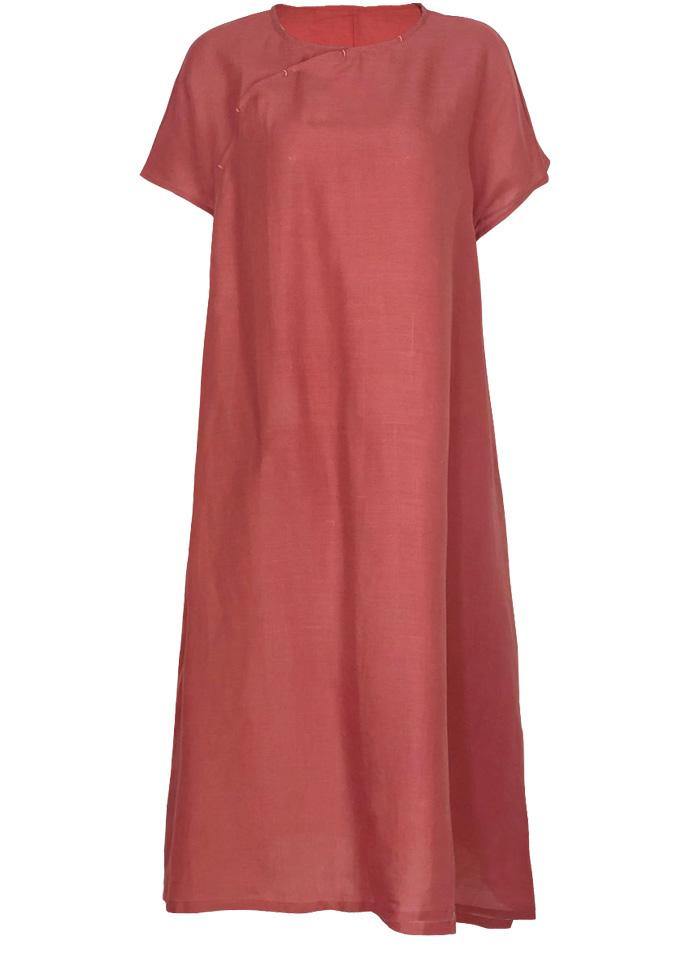 Modern Pink Linen Long Shirts O Neck Short Sleeve Summer Dresses