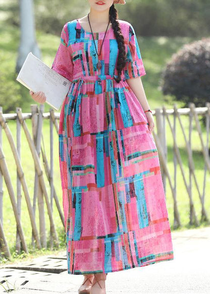 Modern Pink Prints Cotton Linen Quilting Clothes Fine Work Tie Waist Maxi Summer Dress