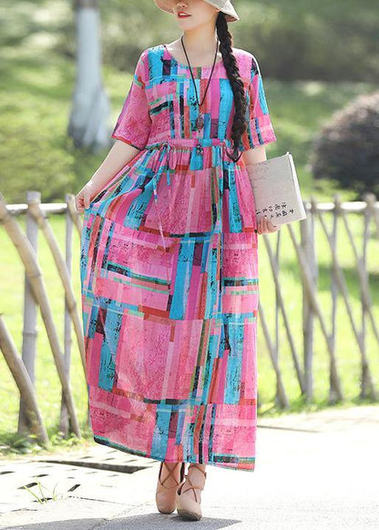 Modern Pink Prints Cotton Linen Quilting Clothes Fine Work Tie Waist Maxi Summer Dress
