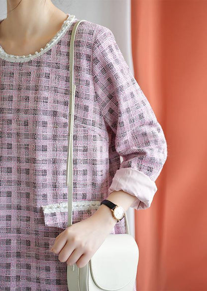 Modern Plaid Blended Outfit O Neck Knee Fall Dresses