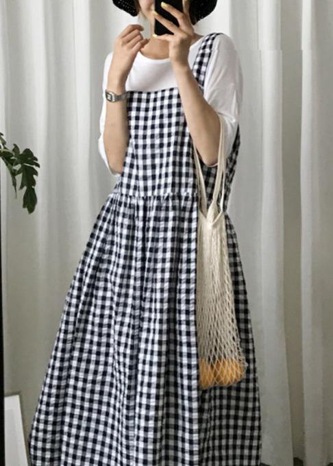 Modern Plaid Linen Cotton Quilting Clothes Spaghetti Strap Cinched Kaftan Dress