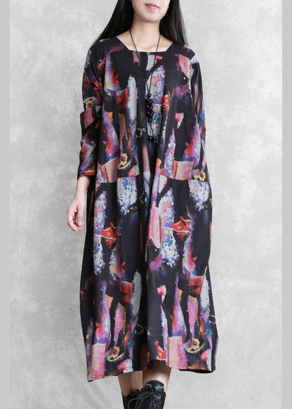 Modern Print Cotton Dress O Neck Pockets Maxi Dresses