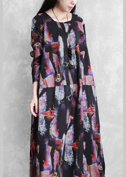 Modern Print Cotton Dress O Neck Pockets Maxi Dresses