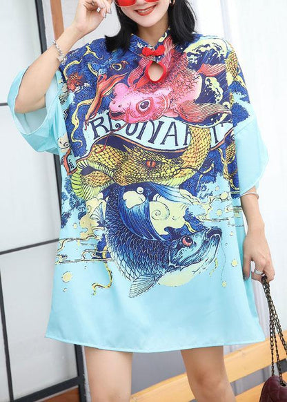 Modern Prints Cotton Clothes Sewing Blue Chinese Button Dress Summer