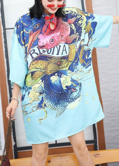 Modern Prints Cotton Clothes Sewing Blue Chinese Button Dress Summer