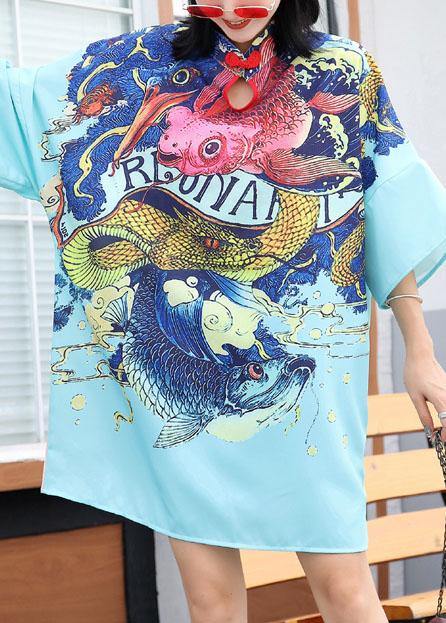 Modern Prints Cotton Clothes Sewing Blue Chinese Button Dress Summer