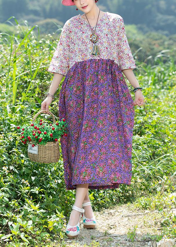 Modern Purple Patchwork Cotton Clothes V Neck Summer Dresses